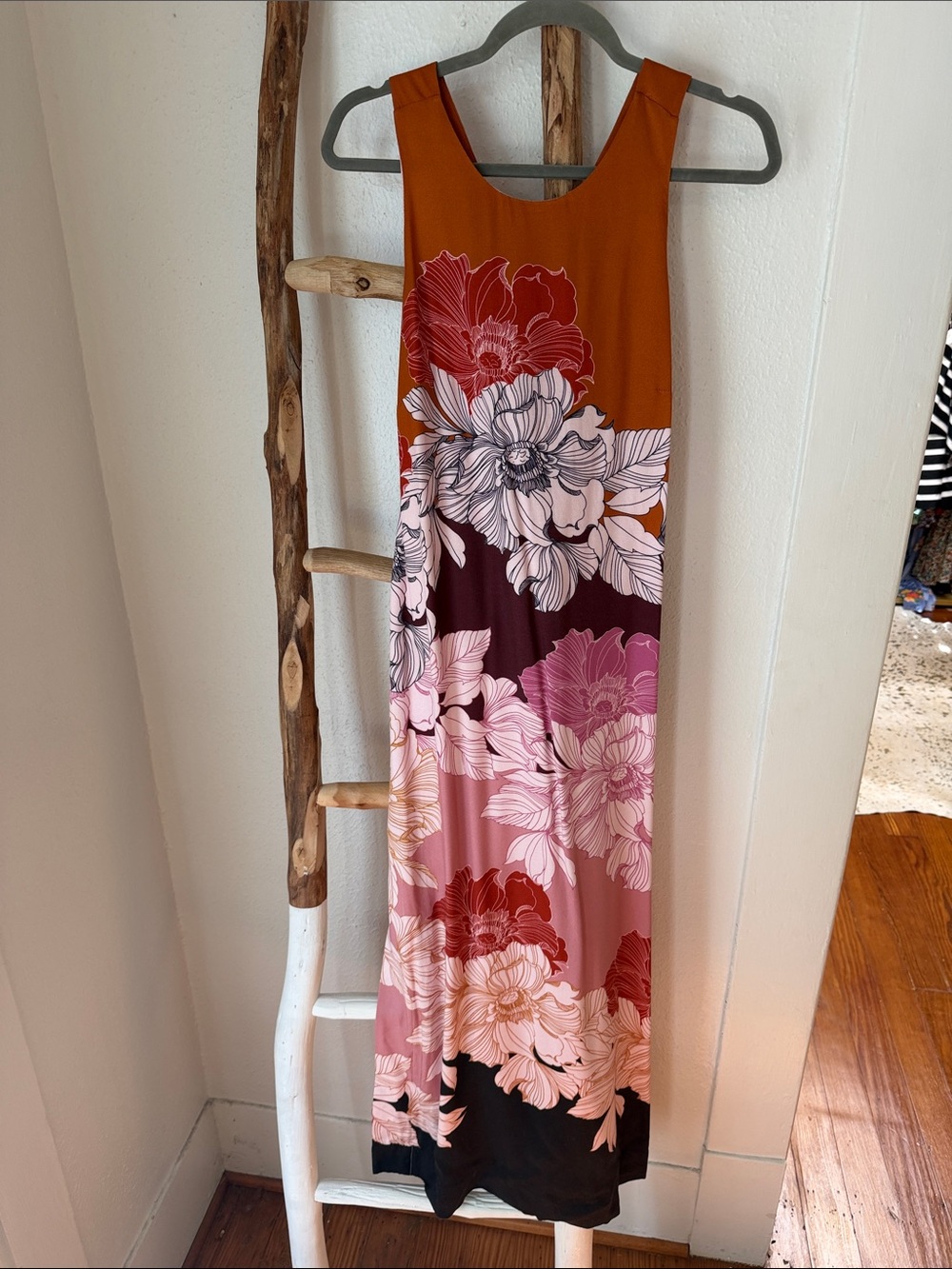 Anthropologie Maeve Fall Floral Maxi Dress in Rust, Pink & Black Keyhole Back XS